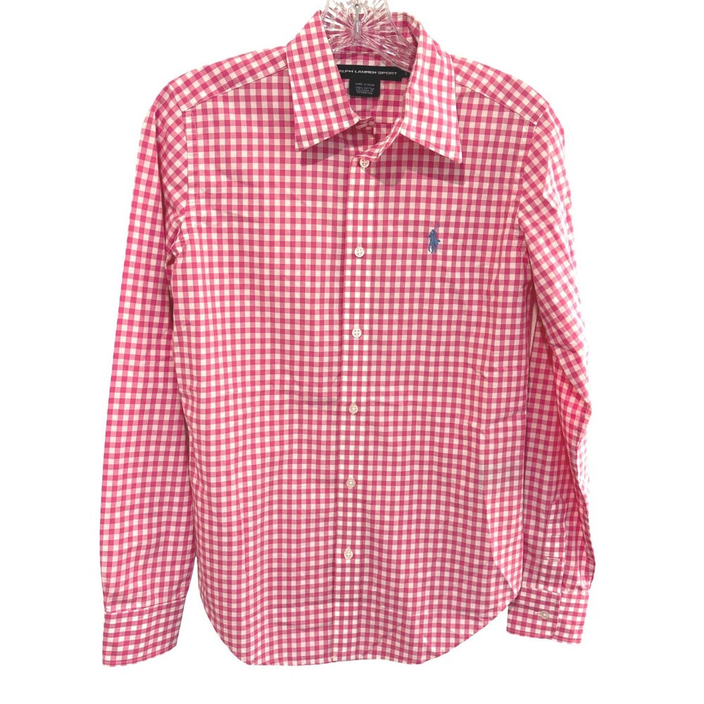 Ralph Lauren Sport Button Down Women 6 Pink Gingham Plaid Cotton Long Sleeve